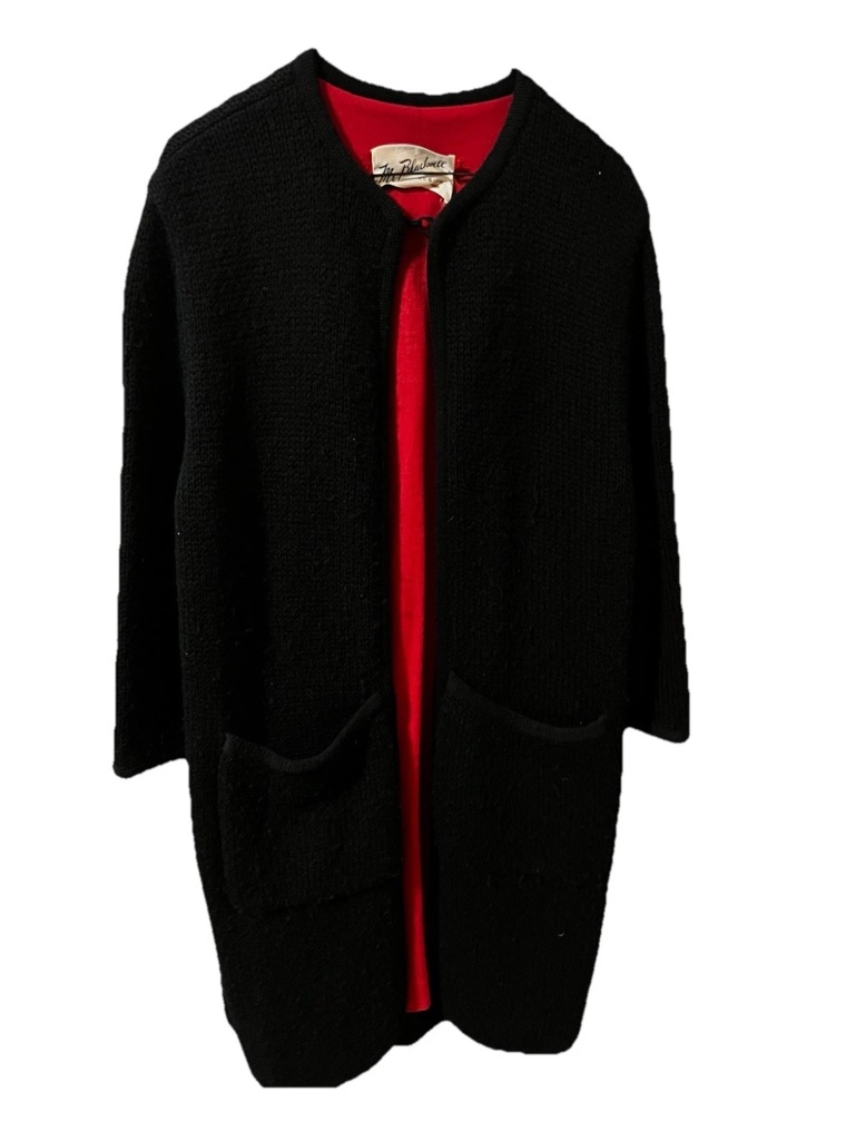 Vintage Beautiful 50s 60s Mr Blackwell Black Knit Swing Coat With Red Lining.